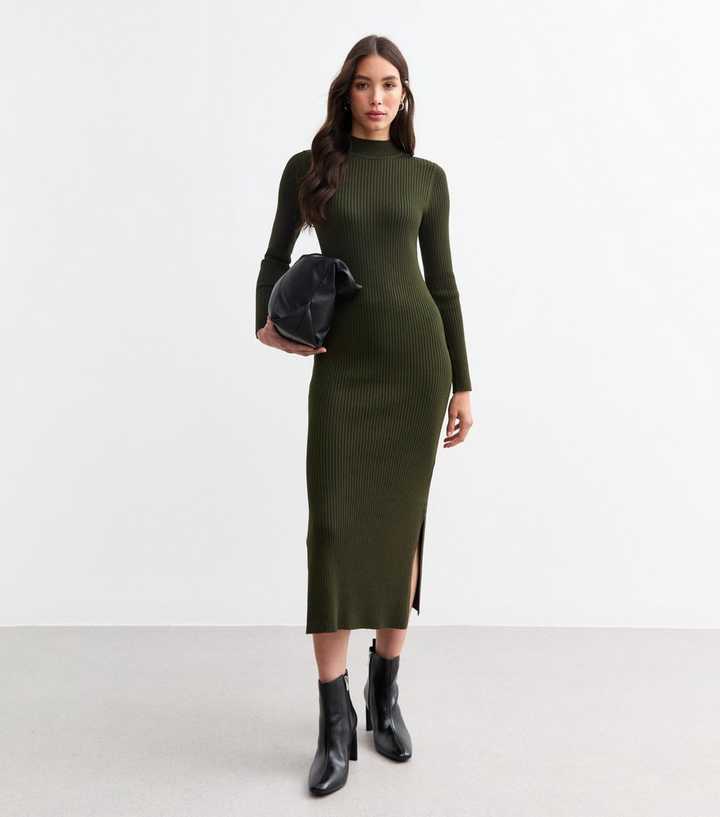 new look ribbed dress Black Crew Neck Rib Knit Midi Dress
