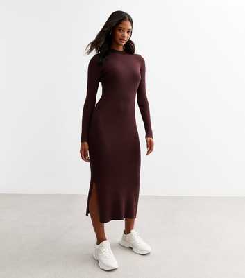 Burgundy Rib Knit High Neck Midi Dress