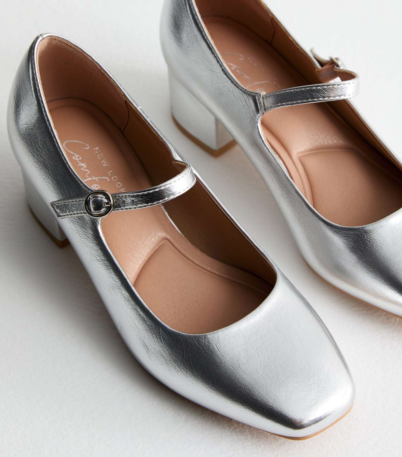 Silver Metallic Block Heel Court Shoes Image 3