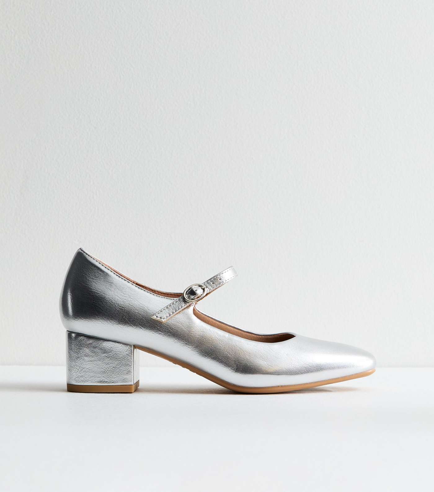 Silver Metallic Block Heel Court Shoes Image 5