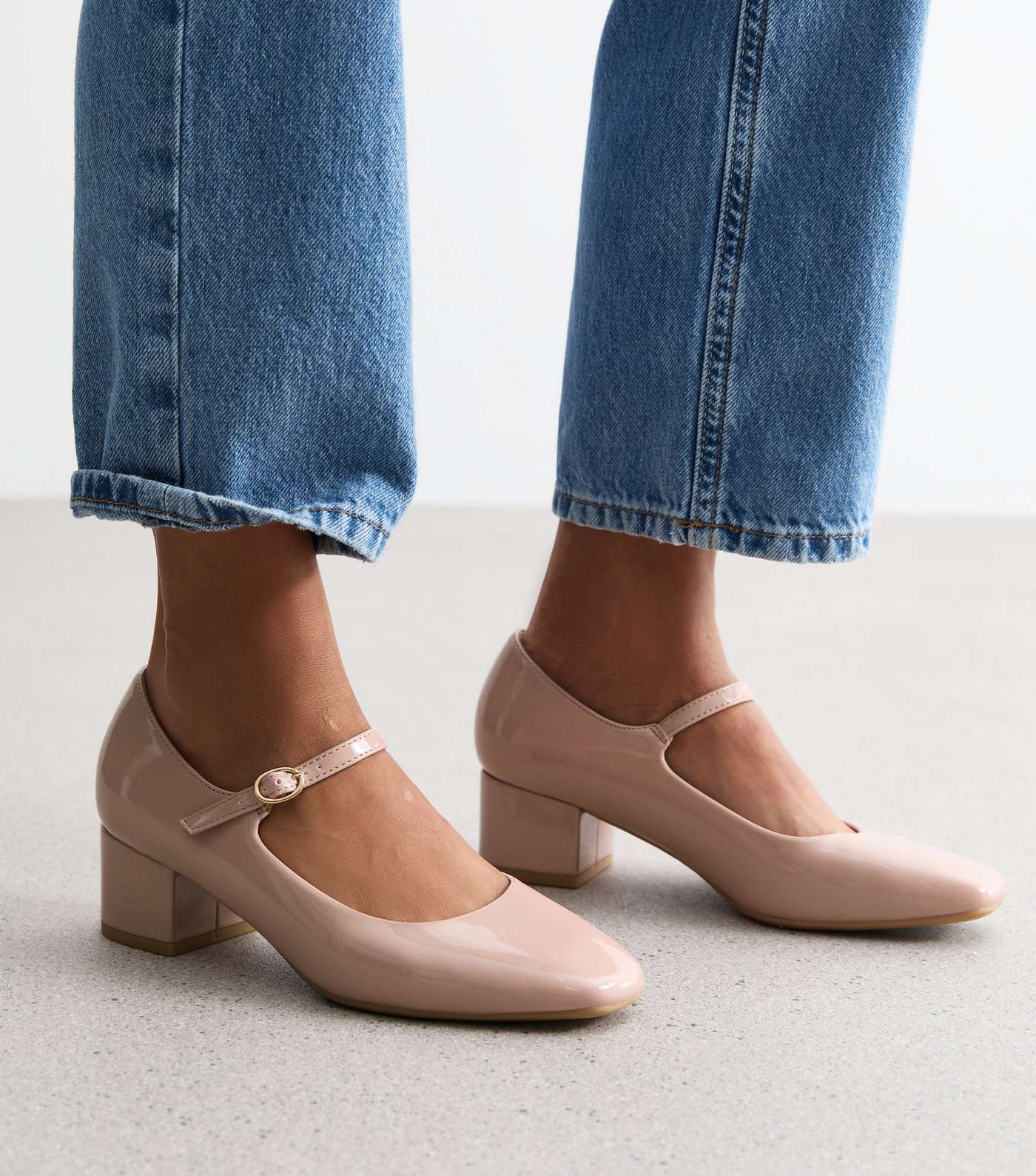 Pale Pink Patent Mary Jane Block Heel Court Shoes Image 2