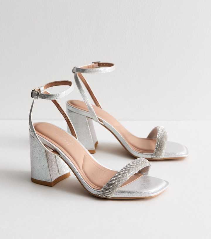 Wide Fit Silver Diamanté 2 Part Block Heel Sandals