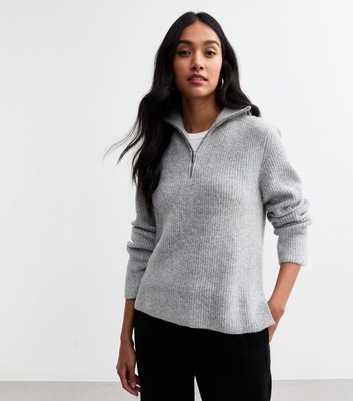 Grey Ribbed Half Zip Knit Jumper