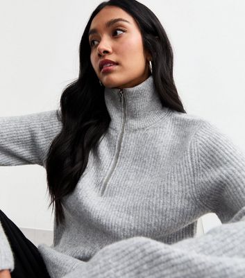 【MODERNIF】Blick Mix Half Zip Up Knit Grey Ribbed Half Zip Knit Jumper | New Look