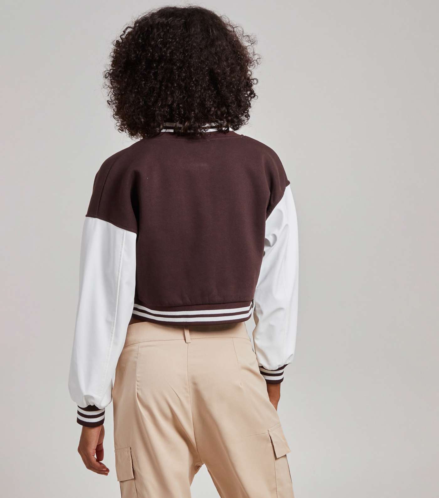 Pink Vanilla Dark Brown Contrast Sleeve Baseball Jacket Image 4