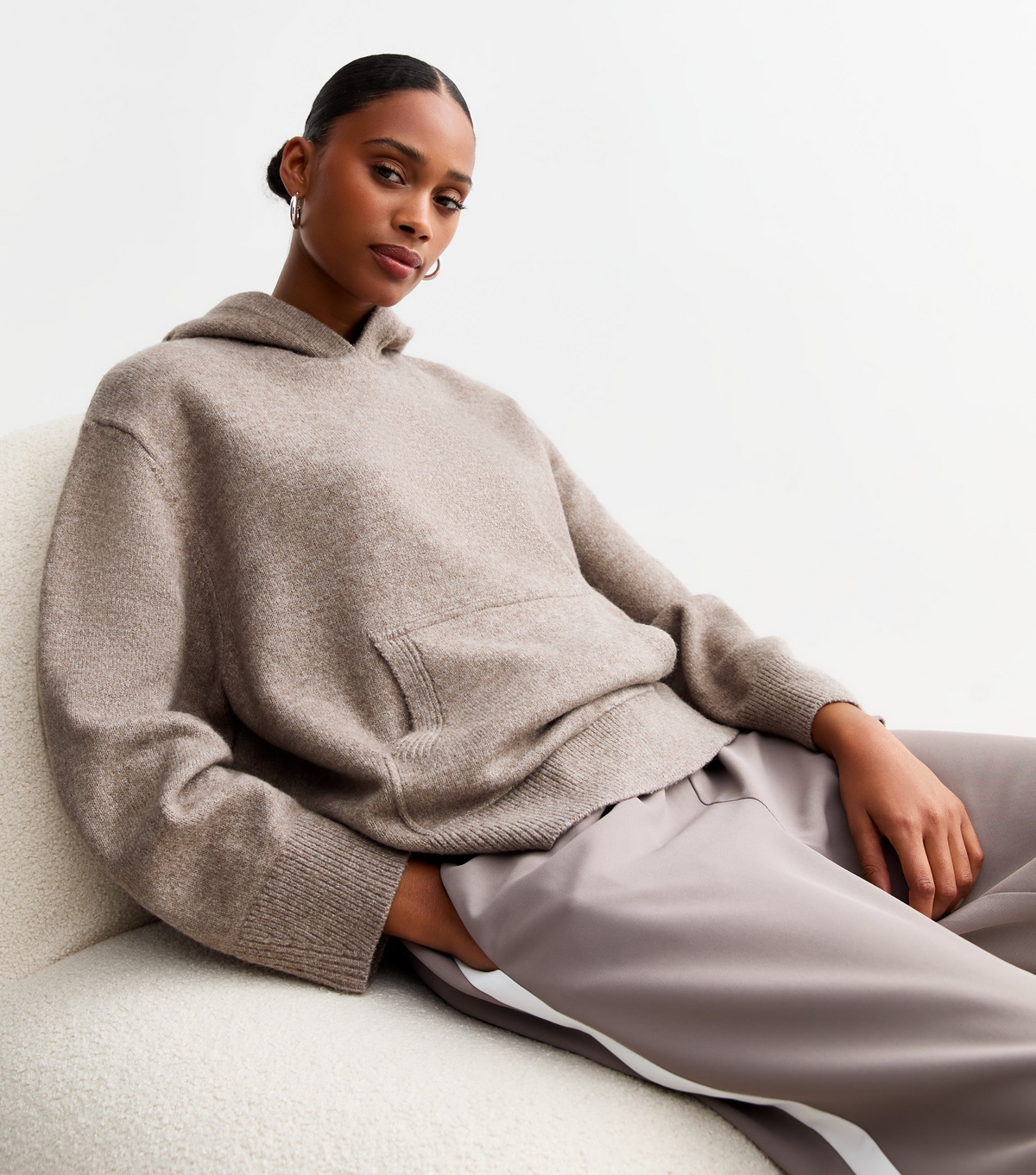 Women's Mink Front Pocket Knit Hoodie New Look