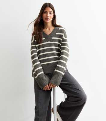 Light Grey Stripe Oversize V Neck Jumper