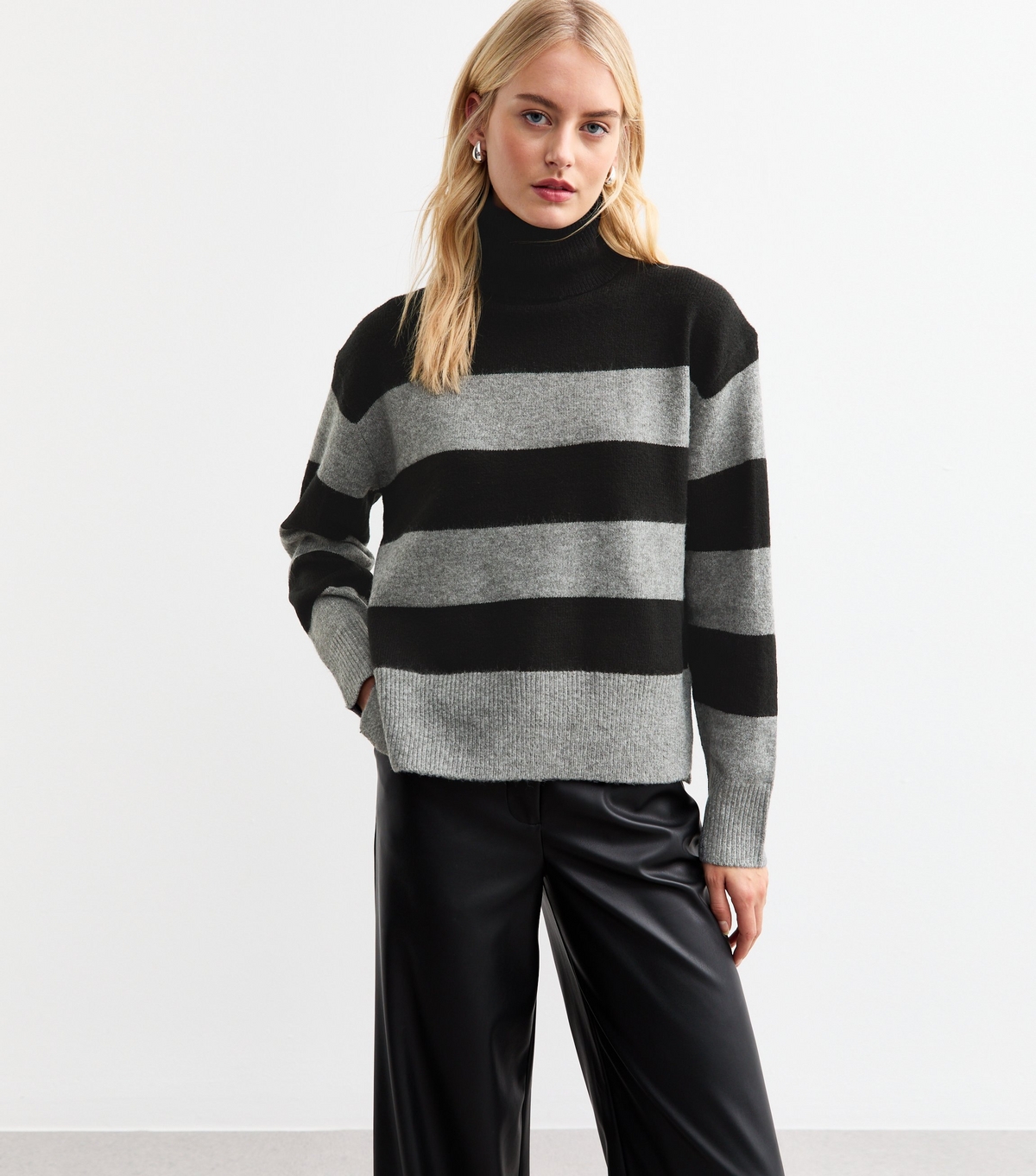 Women's Tall Black Block Stripe Roll Neck Jumper New Look