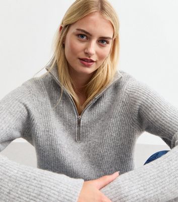 Tall Grey Soft Touch Rib Half Zip Jumper New Look