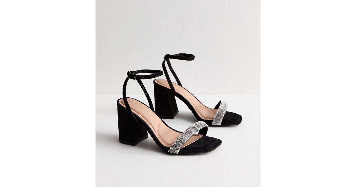 Wide Fit Black Diamanté 2 Part Block Heel Sandals | New Look