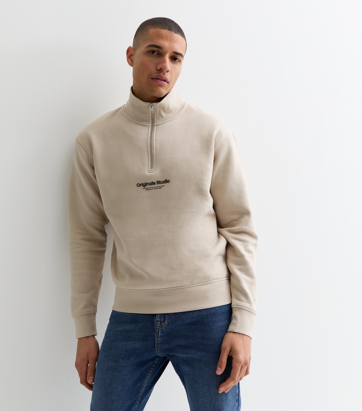 Men's Stone Slim Original Studios Logo Quarter Zip Sweatshirt Jack & Jones New Look