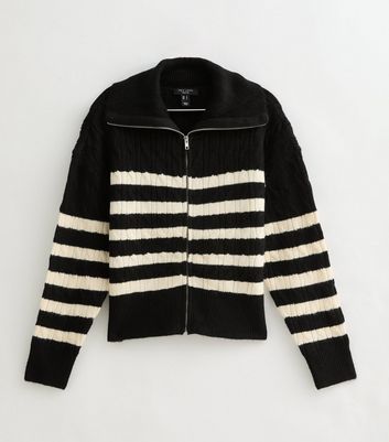 Petite Black Striped Wide Collar Zip Cardigan New Look