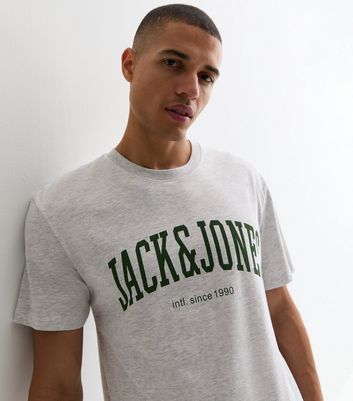 Men's Jack & Jones Grey Cotton Logo T-Shirt New Look