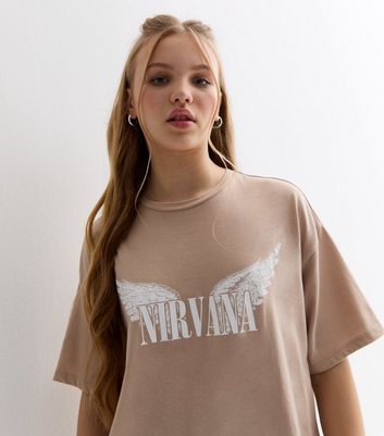 Girls Camel Cotton Nirvana Logo Longline T-Shirt New Look