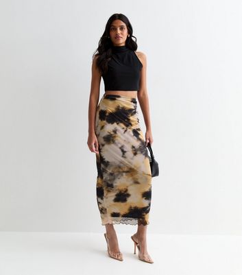 Black Tie Dye Mesh Midi Skirt New Look