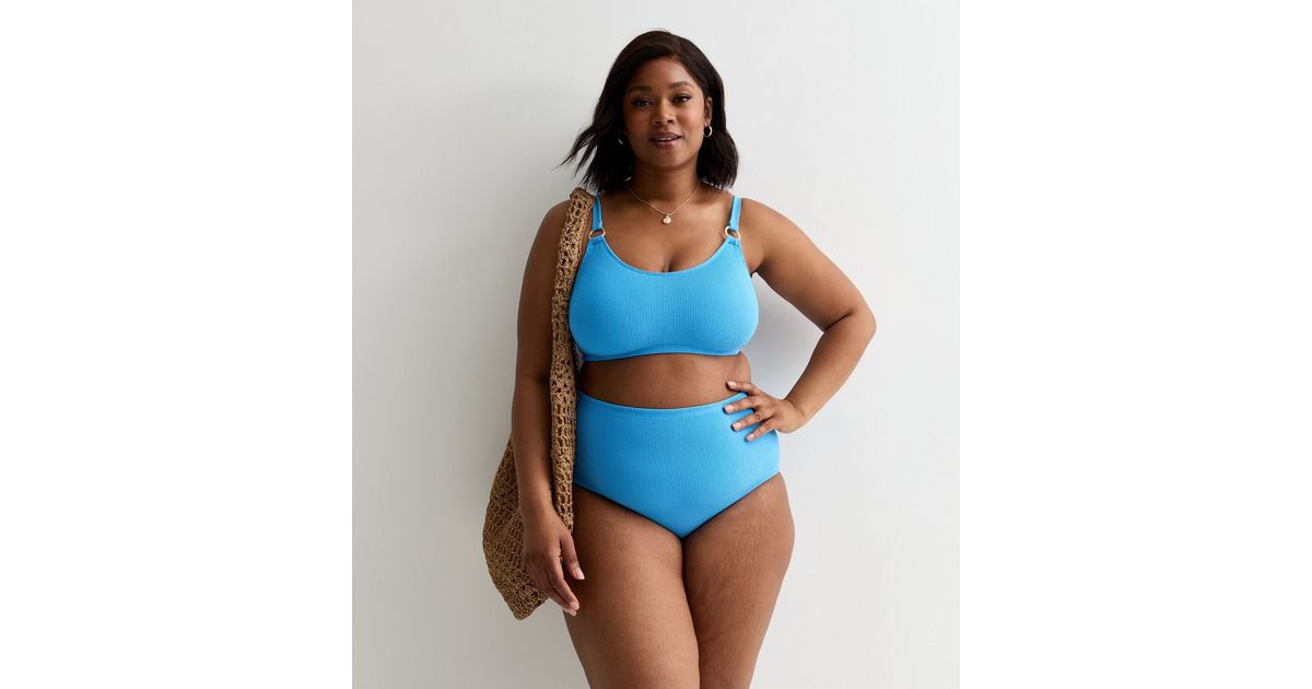 Curves Bright Blue Crinkle Texture High Waist Bikini Bottoms New