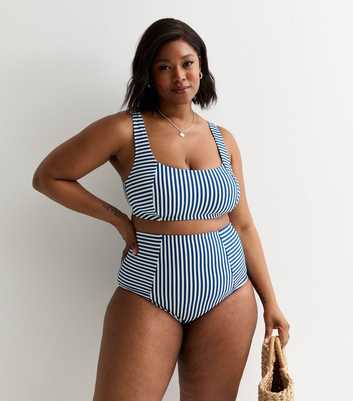Curves Blue Stripe High Waist Bikini Bottoms