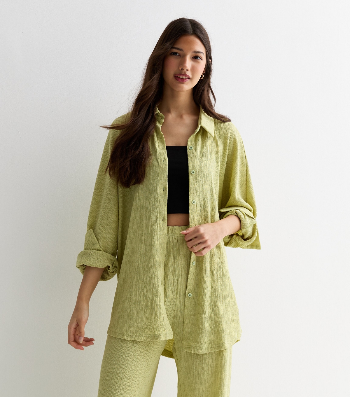 Women's Light Green Crinkle Long Sleeve Oversized Shirt Gini London New Look
