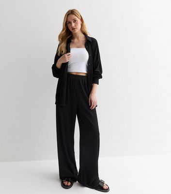 Gini London Black Crinkle Wide Leg Trousers New Look