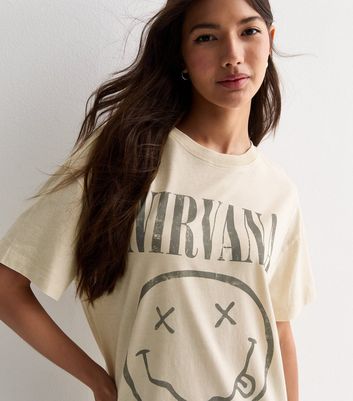 Cream Nirvana Motif Oversized Cotton T-Shirt New Look