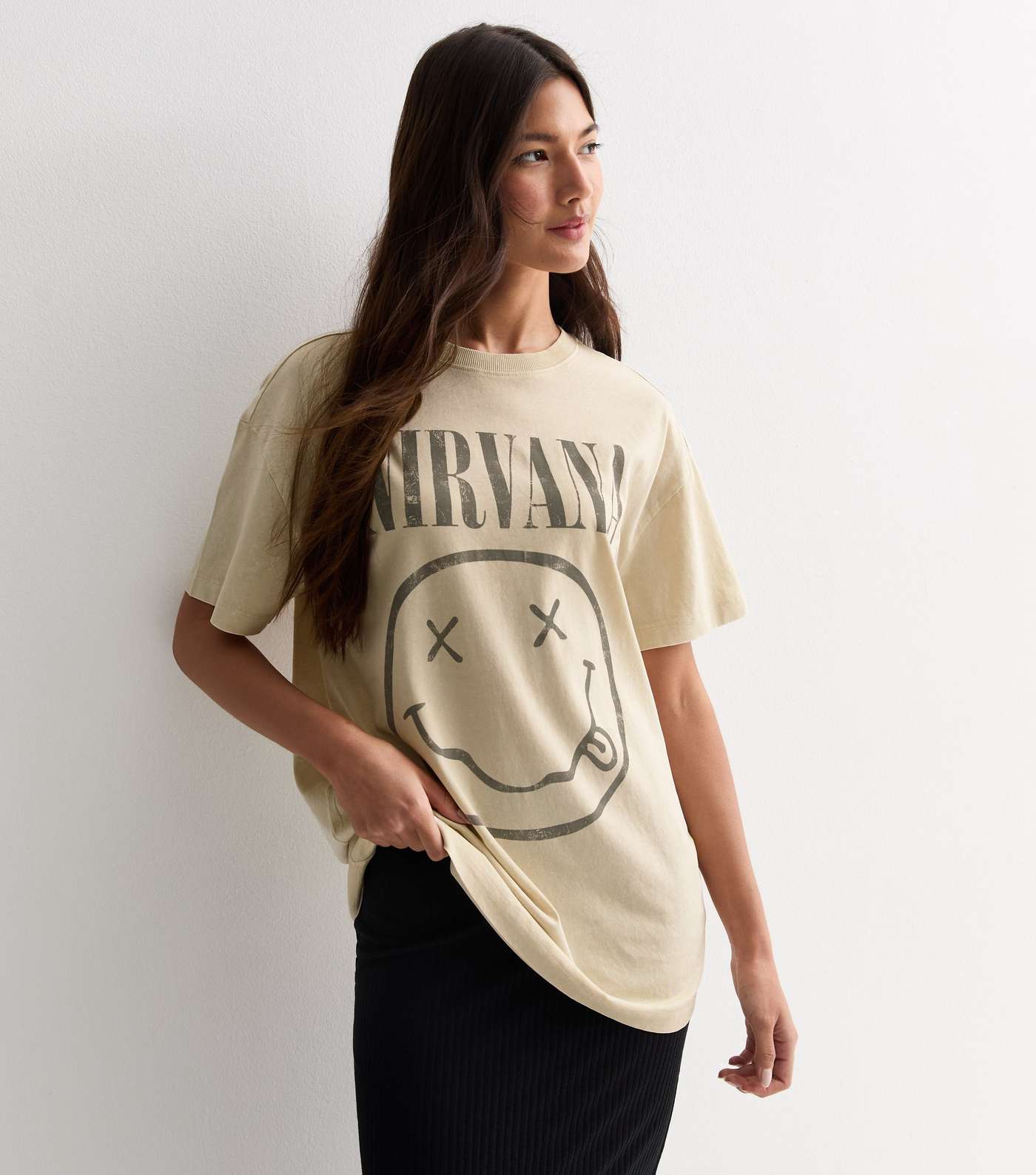 Cream Nirvana Motif Oversized Cotton T-Shirt Image 2