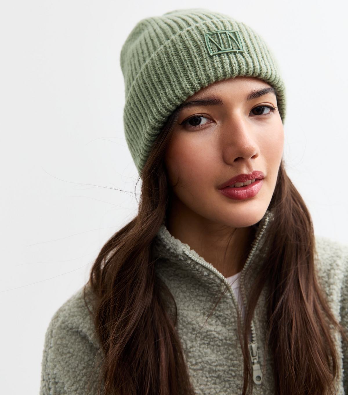 Green Logo Tab Rib Knit Beanie Hat New Look