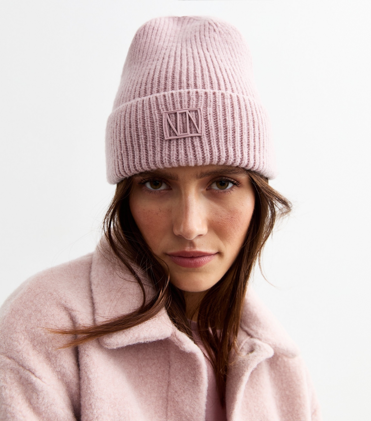 Pink Logo Tab Rib Knit Beanie Hat New Look