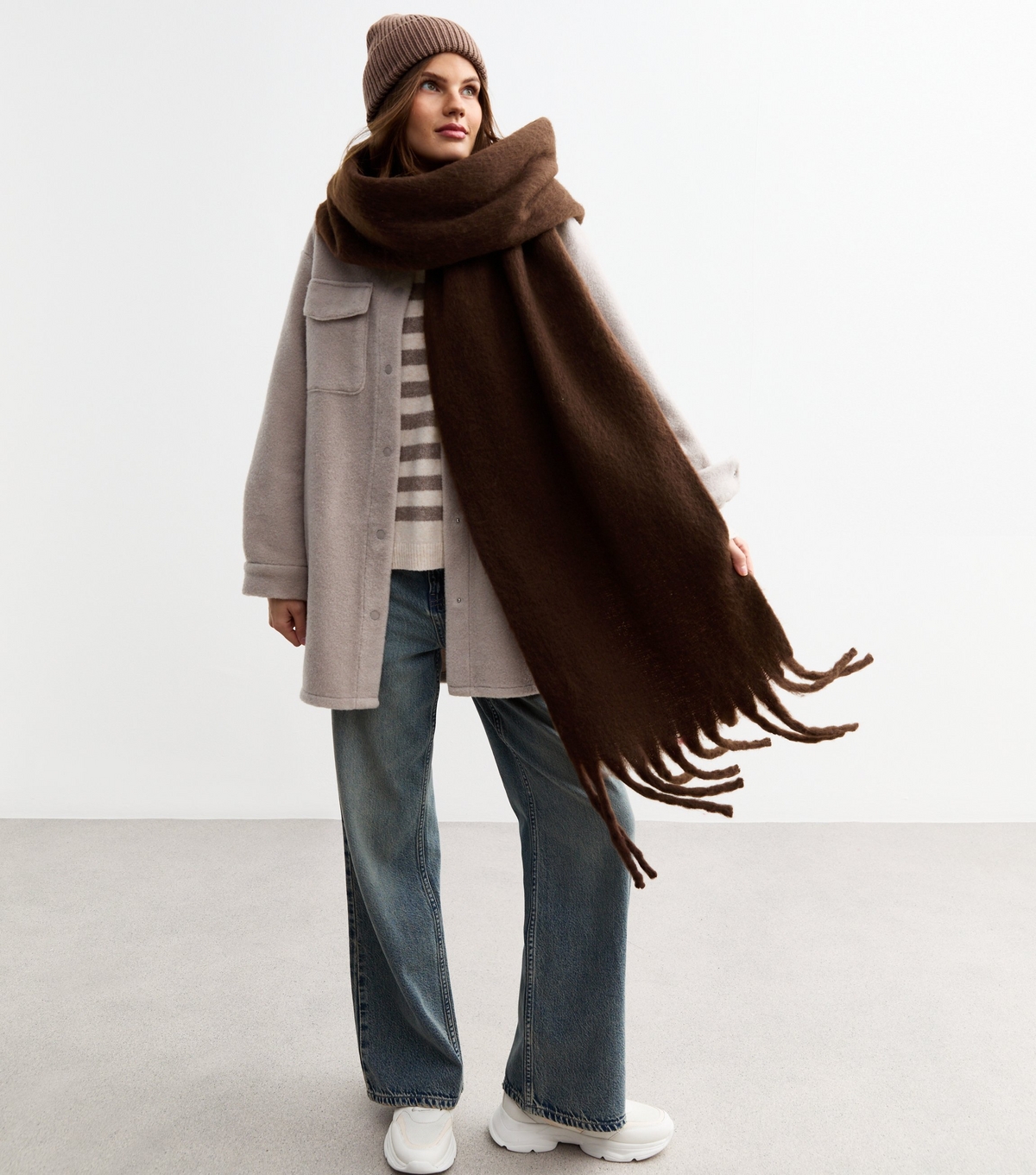 Brown Brushed Fringed Scarf New Look