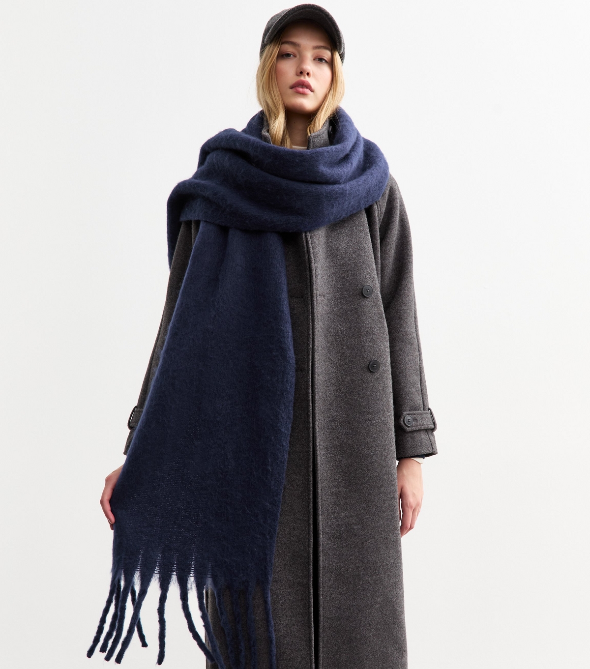 Navy Brushed Fringed Scarf New Look