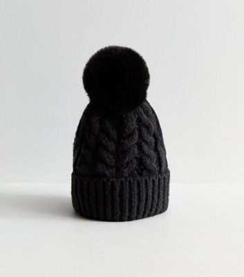 Black Faux Fur Pom Pom Bobble Hat New Look