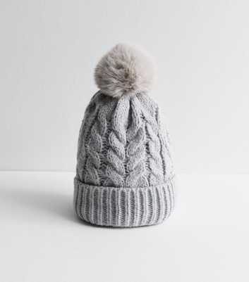 Grey Faux-Fur Pom Pom Bobble Hat