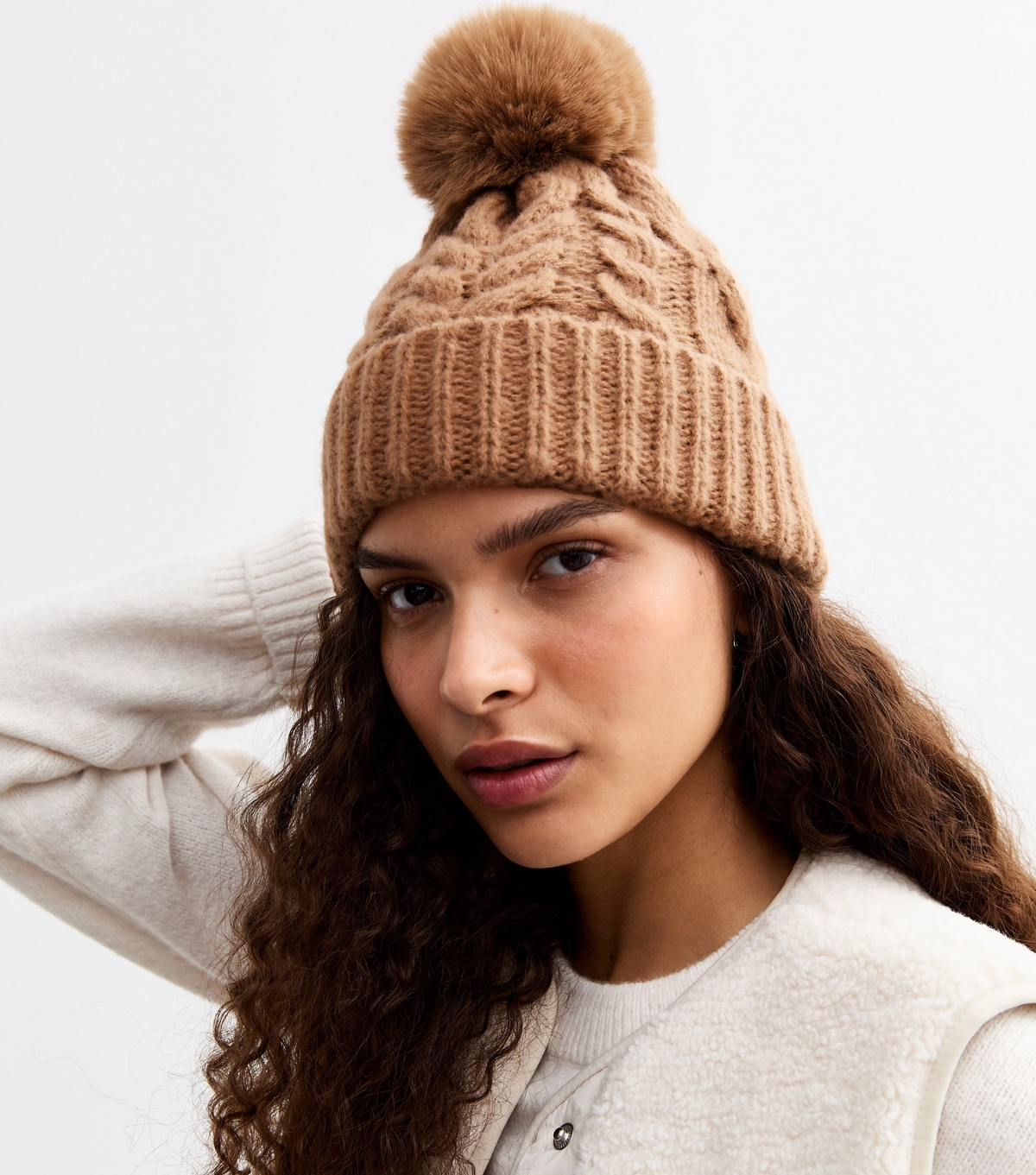 Camel Faux-Fur Pom Pom Bobble Hat New Look