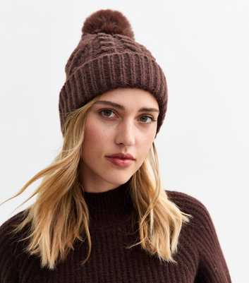 Brown Faux-Fur Pom Pom Bobble Hat