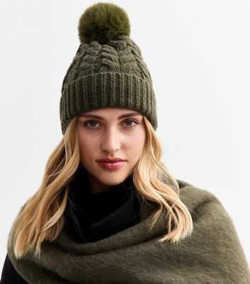 Khaki Faux-Fur Pom Pom Bobble Hat