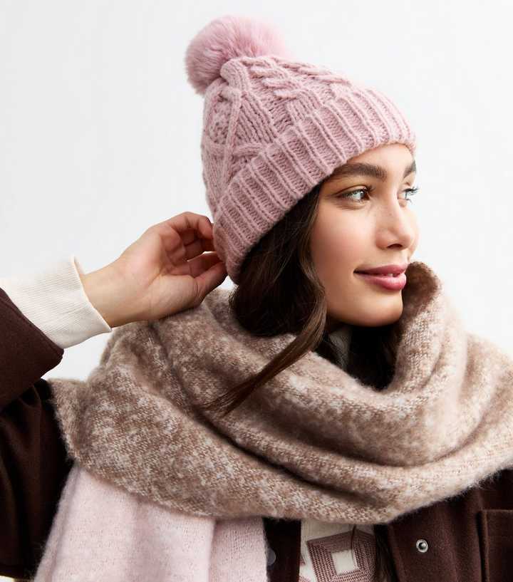 Pink Faux-Fur Pom Pom Bobble Hat New Look