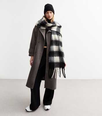 Black Checked Brushed Fringed Scarf 