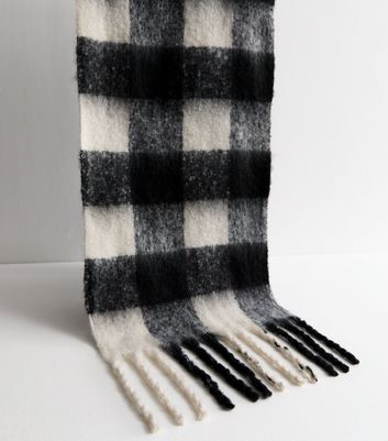 Black Checked Brushed Fringed Scarf New Look