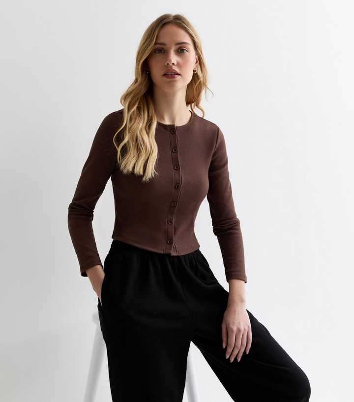 Dark Brown Ribbed Crew Neck Cardigan