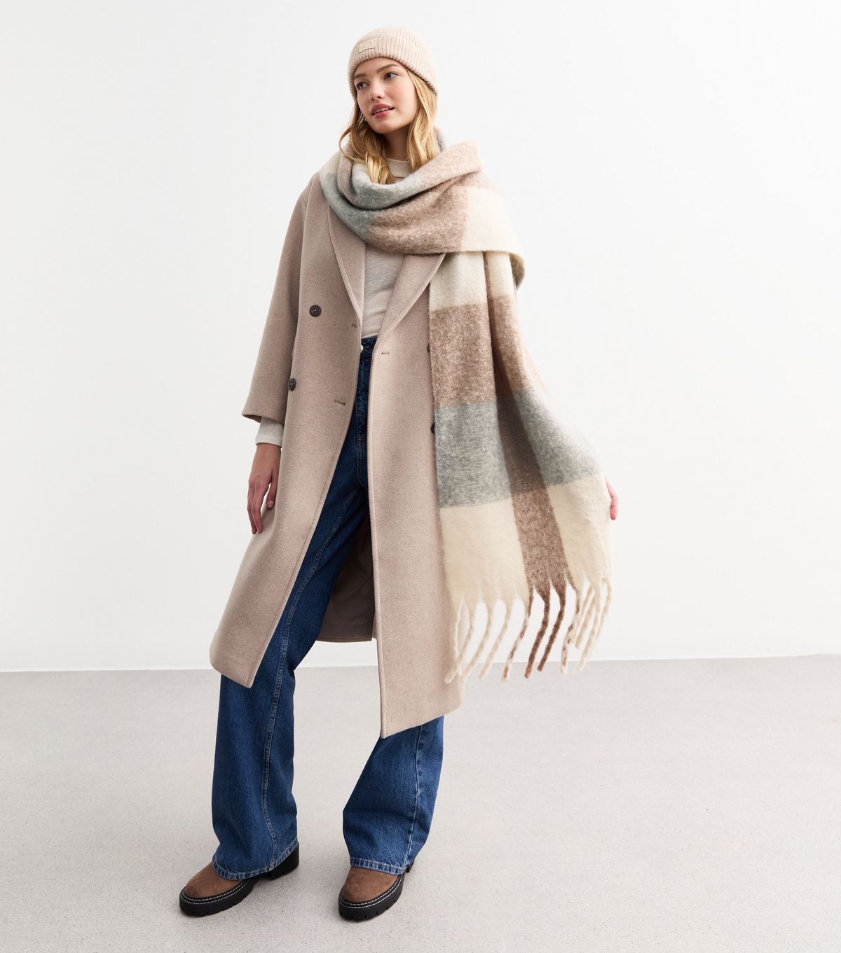 Beige Soft Knit Checked Scarf New Look