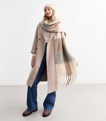 Beige Soft Knit Checked Scarf