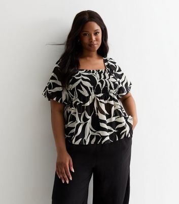 Curves Black Palm Tree Puff Sleeve Top New Look