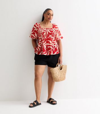 Curves Red Palm Tree Puff Sleeve Top New Look