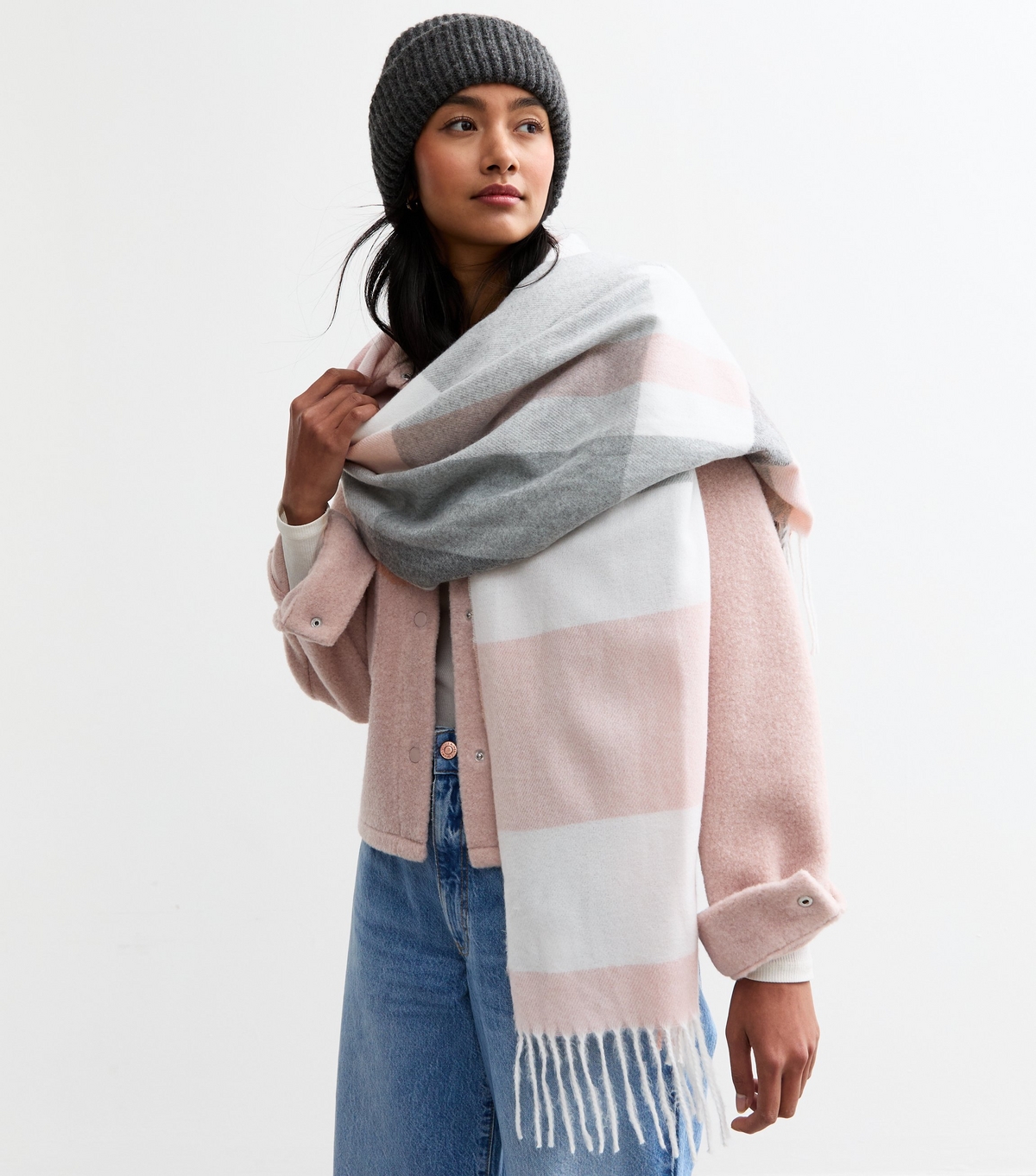 Pink Check Fringed Scarf New Look