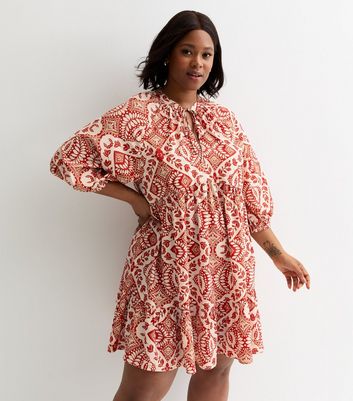 Curves Rust Floral Print Crepe Mini Smock Dress New Look