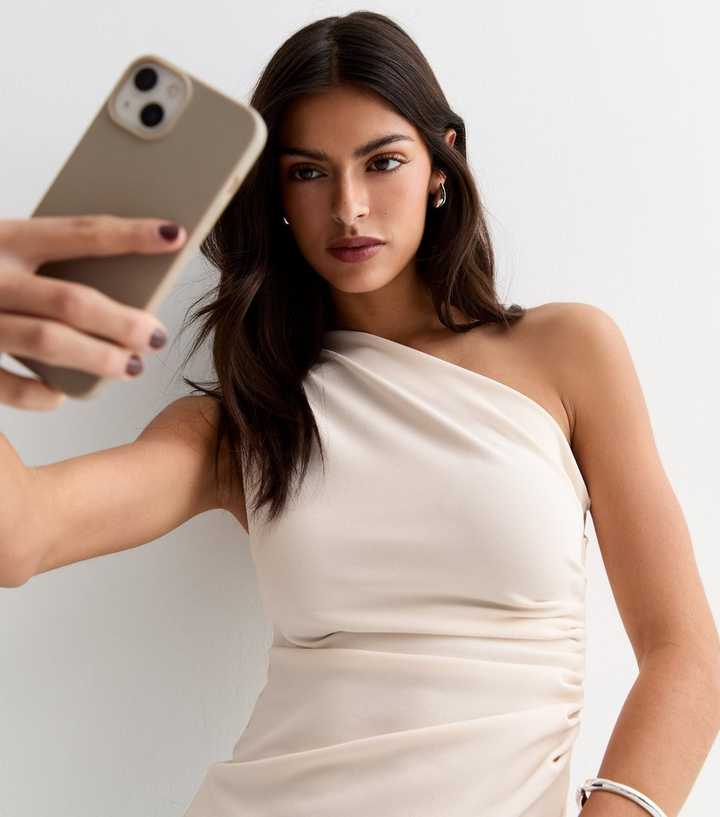 Cream One Shoulder Ruched Top