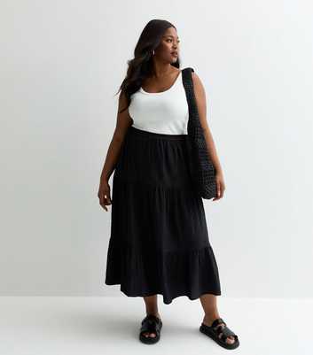 Curves Black Textured Midi Skirt