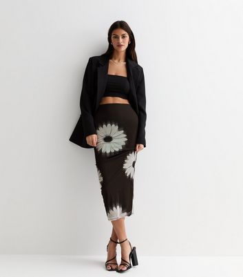 Black Daisy Print Mesh Midi Skirt New Look