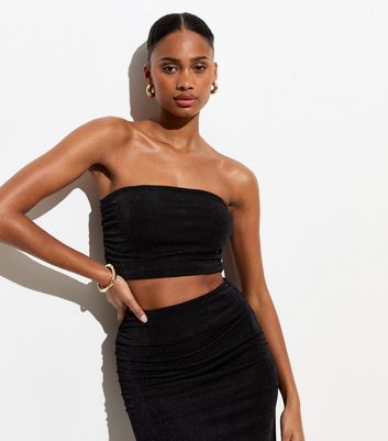 Women's Black Ruched Front Strapless Bodysuit