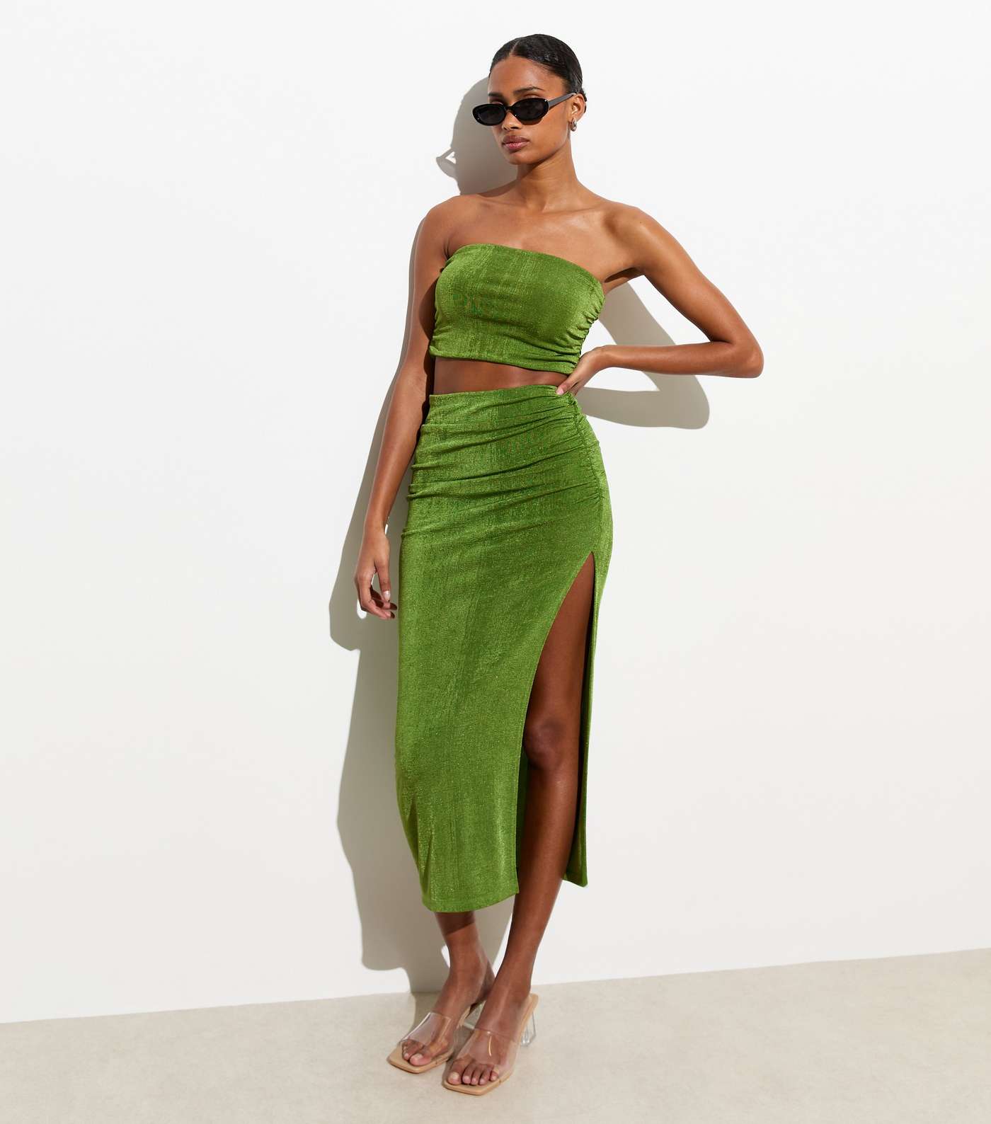 Green High Shine Ruched Bandeau Crop Top Image 2
