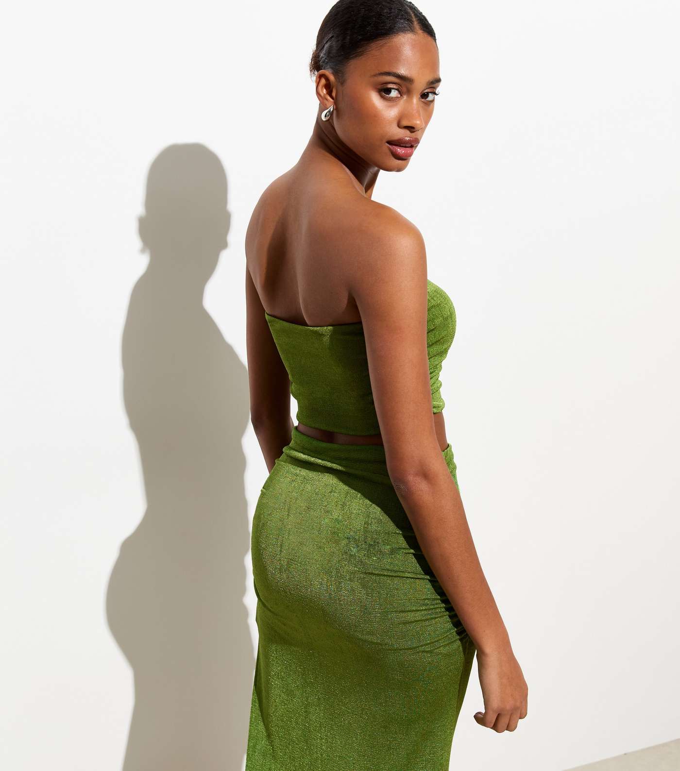 Green High Shine Ruched Bandeau Crop Top Image 4